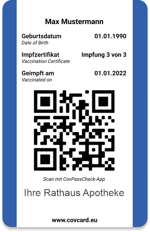 Digitales Impfzertifikat im Scheckkartenformat bei uns erhältlich.